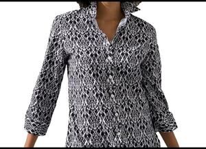 Chicos Black White Button Front Ikat Print Size 14 No-Iron Stretch Blouse NWT